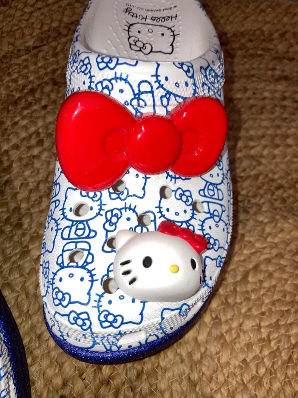 CROCS White & Blue Hello Kitty Platform Clogs with Red Bow Charm